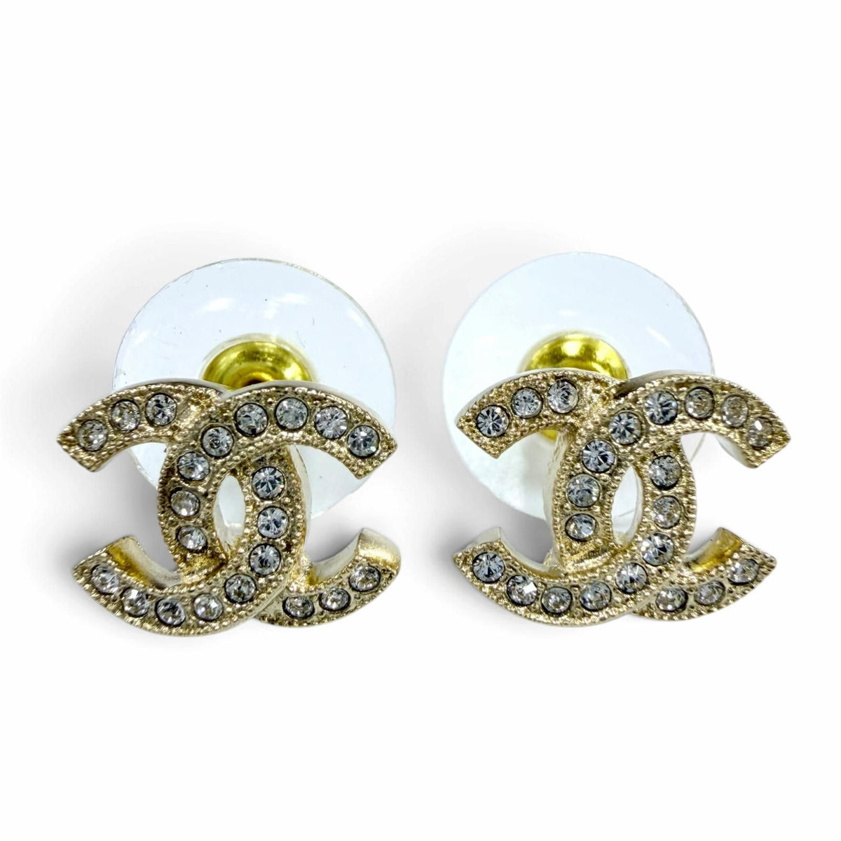 Chanel CC Logo Rhinestone Earrings Gold