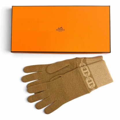 Hermes Heaven Cashmere Chaine D'ancre Motif Knit Gloves Brown — view 2