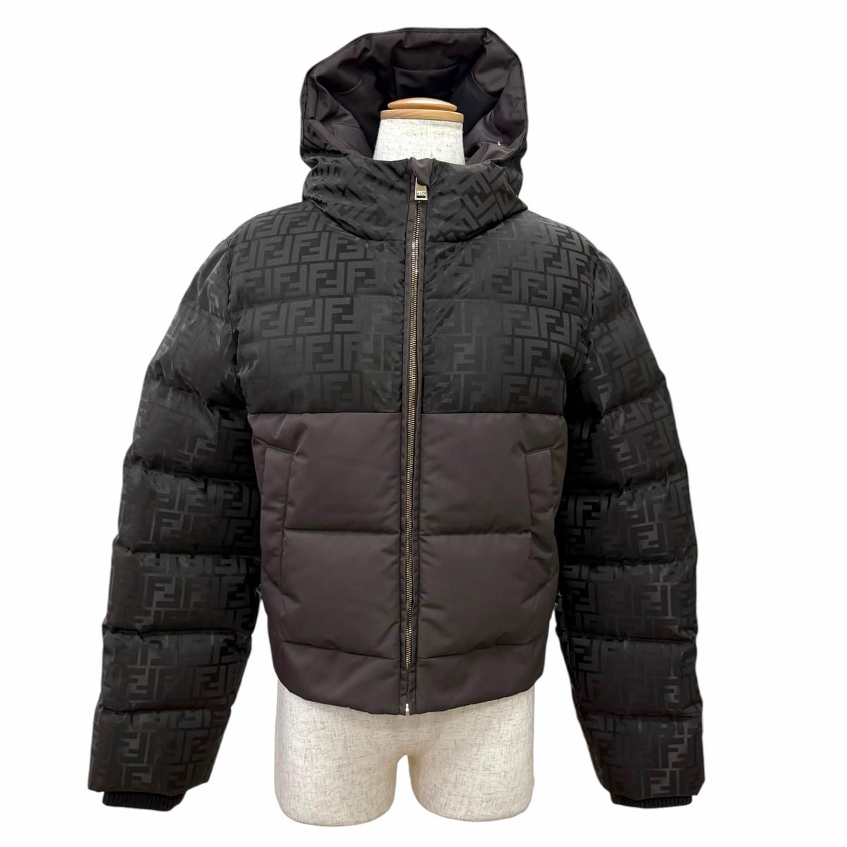 Fendi FF Logo Zucca Pattern Hooded Zip Up Jacket Dark Brown XS