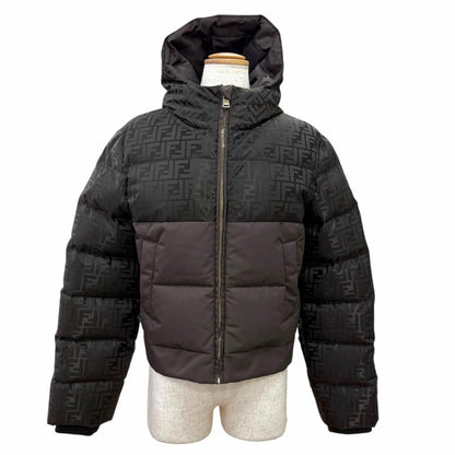Fendi FF Logo Zucca Pattern Hooded Zip Up Jacket Dark Brown XS