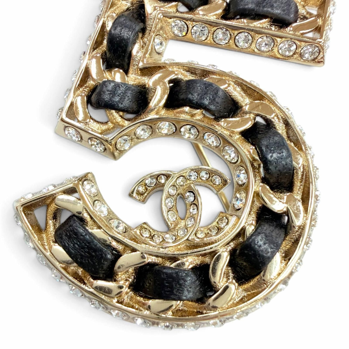 Chanel No 5 CC Logo Rhinestone Leather Brooch Gold Black — view 6