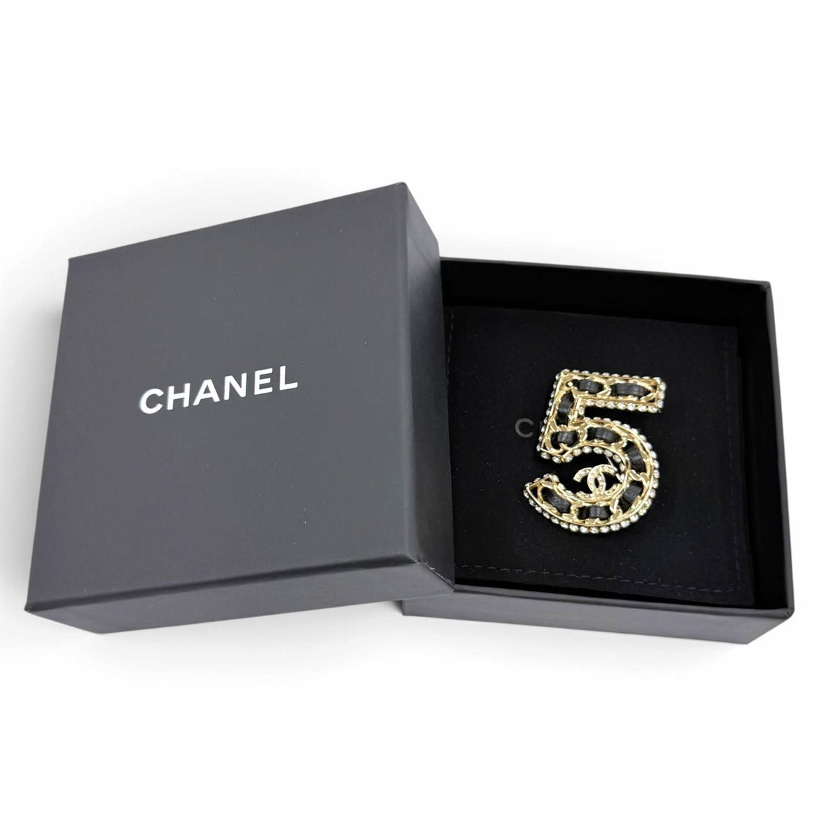 Chanel No 5 CC Logo Rhinestone Leather Brooch Gold Black — view 2