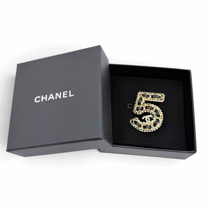 Chanel No 5 CC Logo Rhinestone Leather Brooch Gold Black — view 2