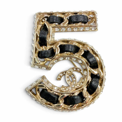 Chanel No 5 CC Logo Rhinestone Leather Brooch Gold Black