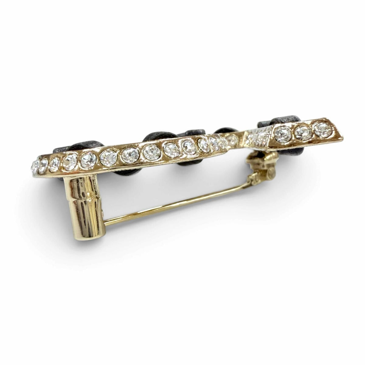Chanel No 5 CC Logo Rhinestone Leather Brooch Gold Black — view 5