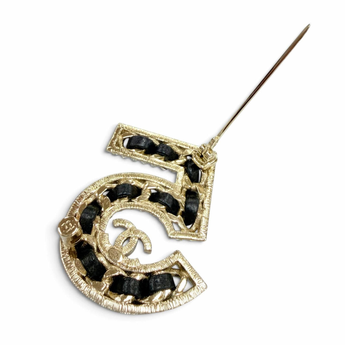 Chanel No 5 CC Logo Rhinestone Leather Brooch Gold Black — view 4