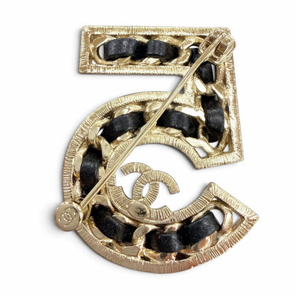 Chanel No 5 CC Logo Rhinestone Leather Brooch Gold Black — view 3
