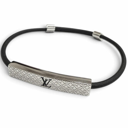 Louis Vuitton Bracelet Champs Elysees Leather LV Logo Silver Black