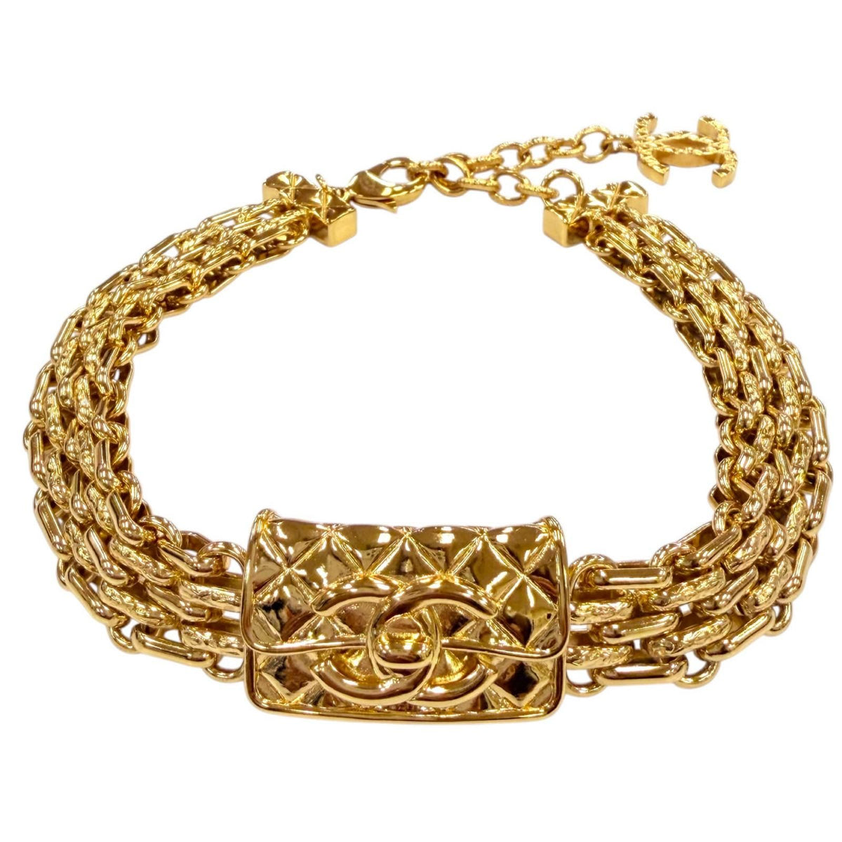 Chanel CC Logo Quilted Bag Motif Choker Necklace Gold