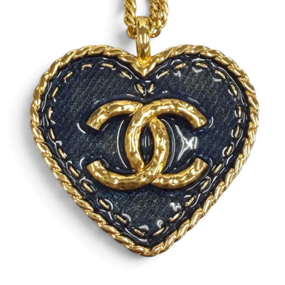 Chanel CC Logo Heart Denim Chain Necklace Navy Gold