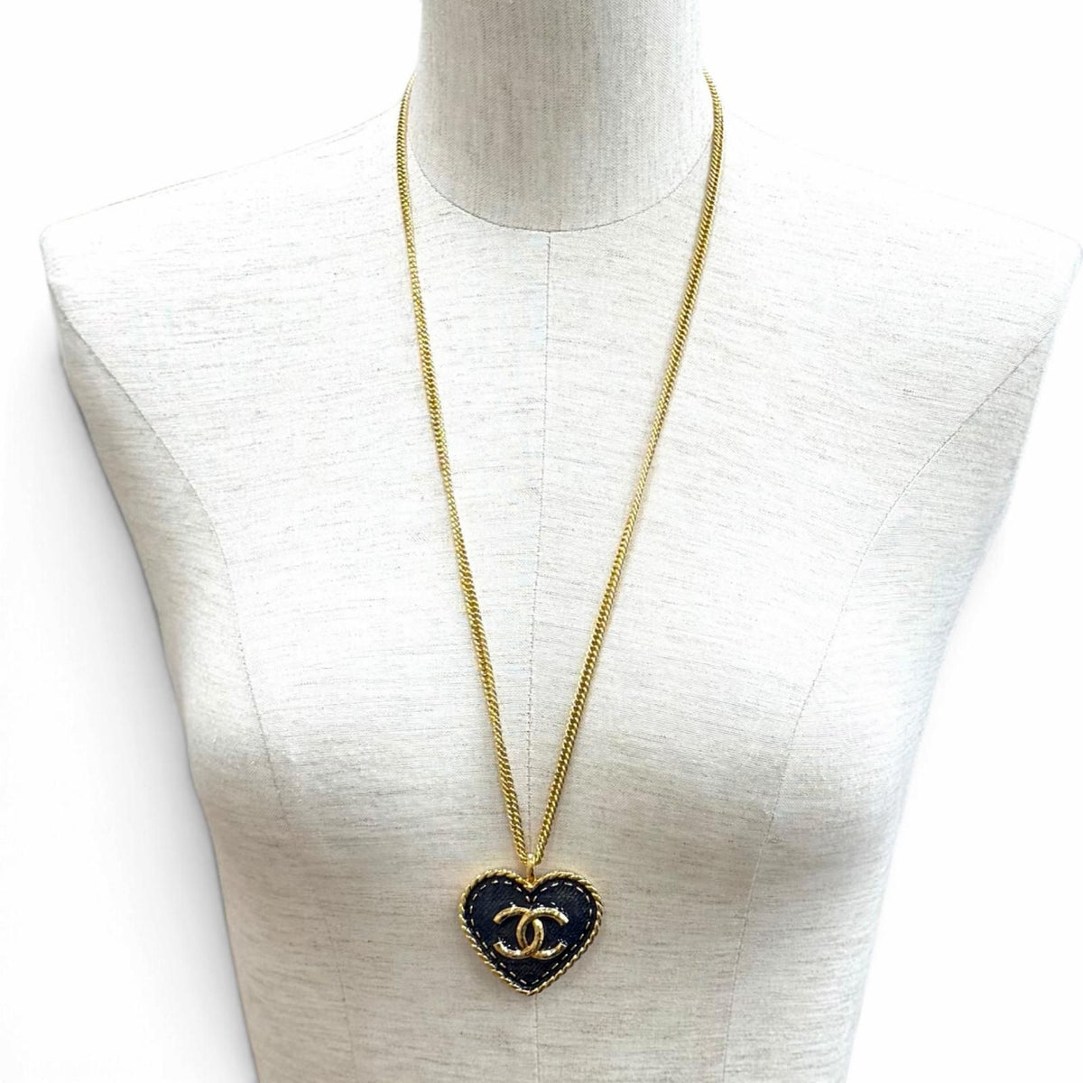 Chanel CC Logo Heart Denim Chain Necklace Navy Gold — view 3