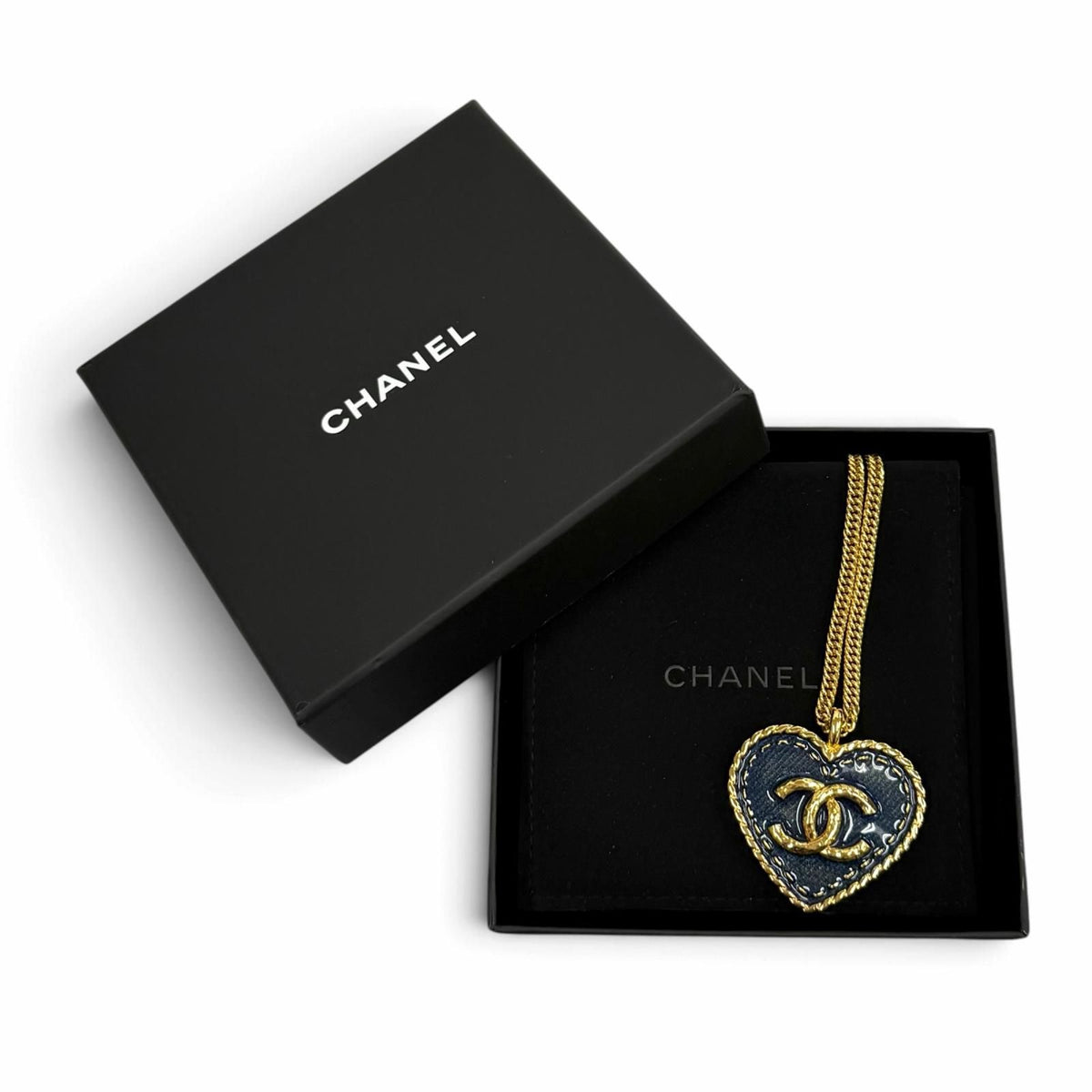 Chanel CC Logo Heart Denim Chain Necklace Navy Gold — view 2