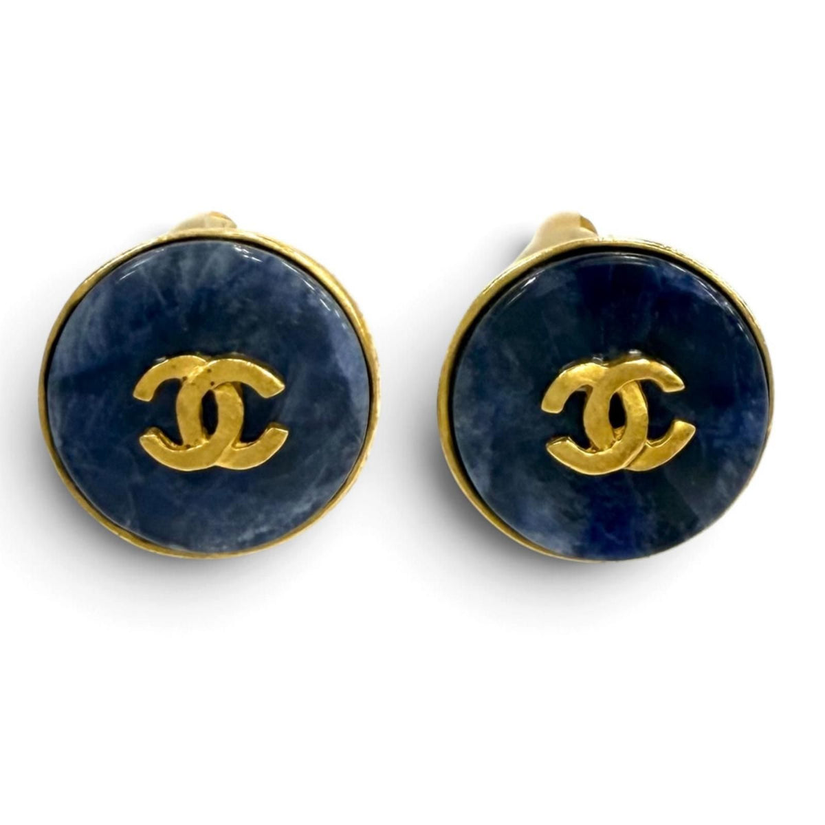 Chanel Vintage 95A CC Logo Blue Marble Earrings Gold