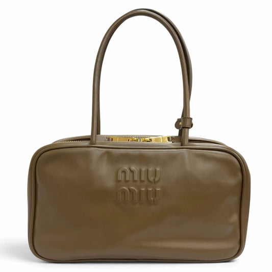 Miu Miu Bow Medium Top Handle Bag Leather Embossed Logo Handbag Brown