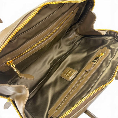 Miu Miu Bow Medium Top Handle Bag Leather Embossed Logo Handbag Brown — view 6
