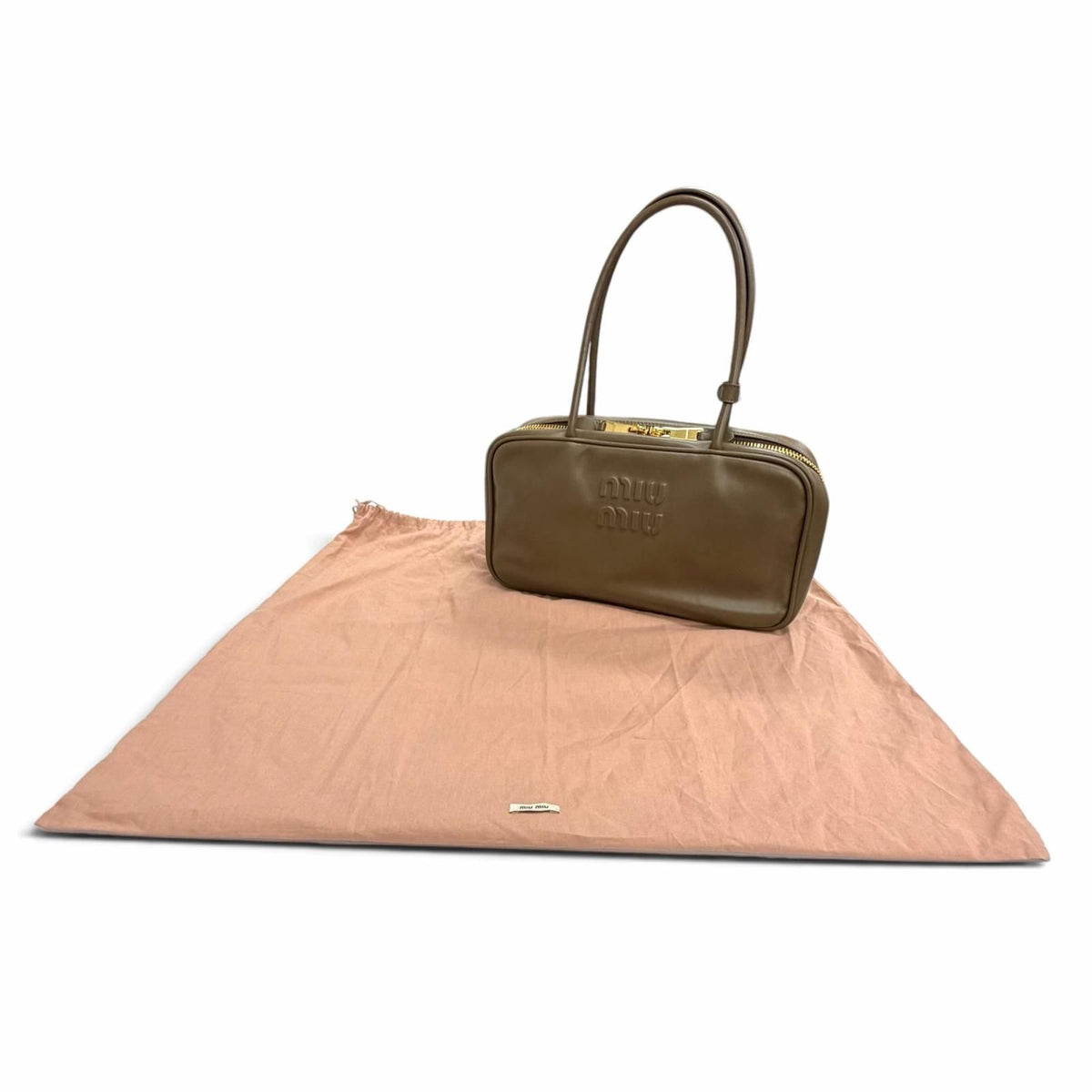 Miu Miu Bow Medium Top Handle Bag Leather Embossed Logo Handbag Brown — view 2