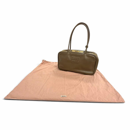 Miu Miu Bow Medium Top Handle Bag Leather Embossed Logo Handbag Brown — view 2