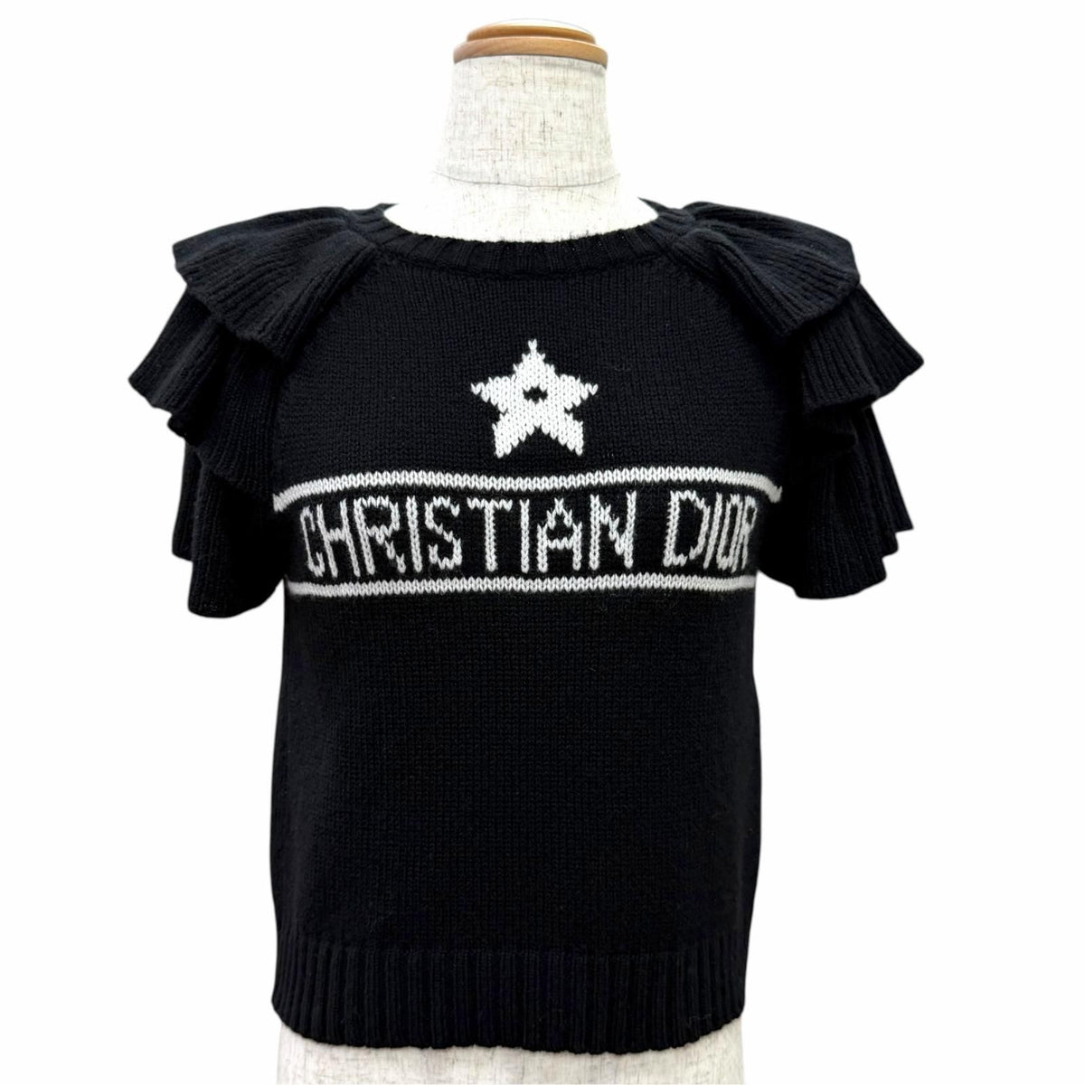 Dior Cashmere 100% Logo Star Sleeve Ruffle Design Short Knit Black IT 40 Sweater