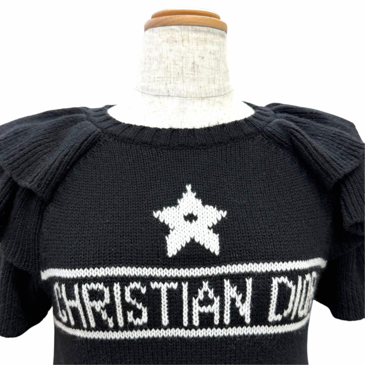 Dior Cashmere 100% Logo Star Sleeve Ruffle Design Short Knit Black IT 40 Sweater — view 2
