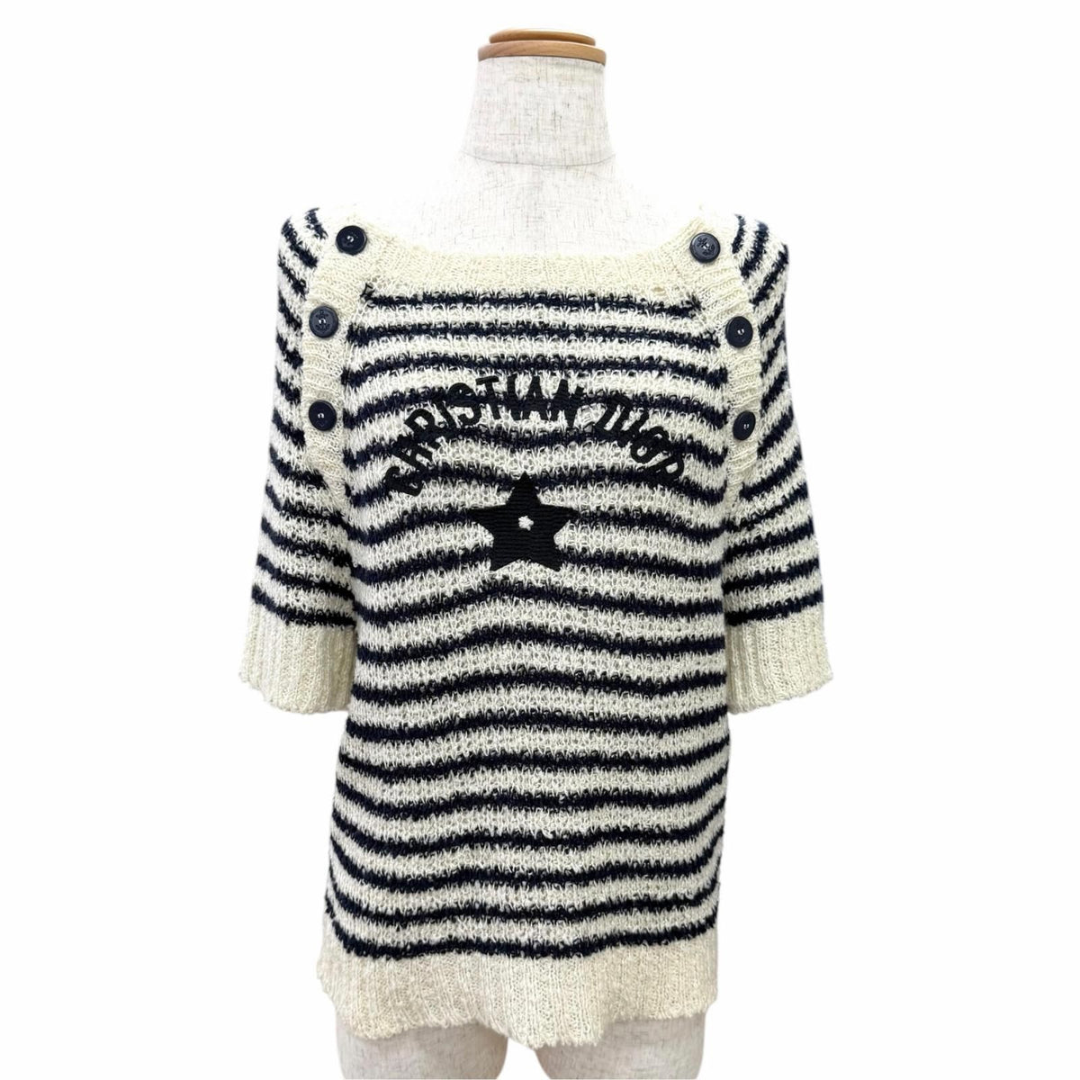 Dior Mariniere Silk Mixed Logo Star Anchor Button Short Sleeve Knit 40 Sweater