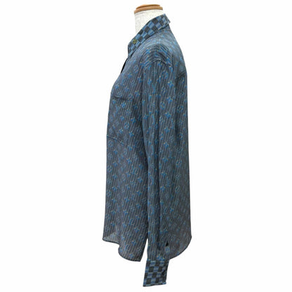Louis Vuitton Silk 100% 3D Monogram Print Logo Button Long Sleeve Shirt Blue 34 — view 3