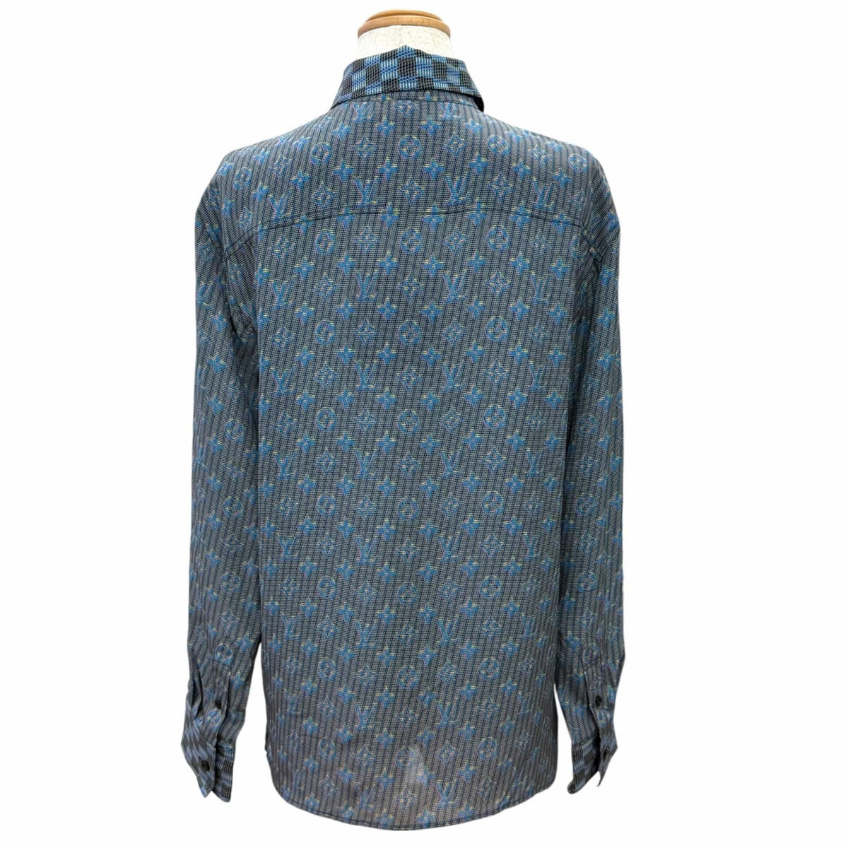 Louis Vuitton Silk 100% 3D Monogram Print Logo Button Long Sleeve Shirt Blue 34 — view 4