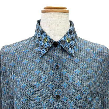 Louis Vuitton Silk 100% 3D Monogram Print Logo Button Long Sleeve Shirt Blue 34 — view 2