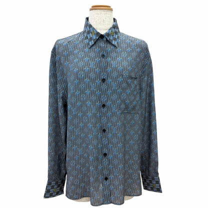 Louis Vuitton Silk 100% 3D Monogram Print Logo Button Long Sleeve Shirt Blue 34