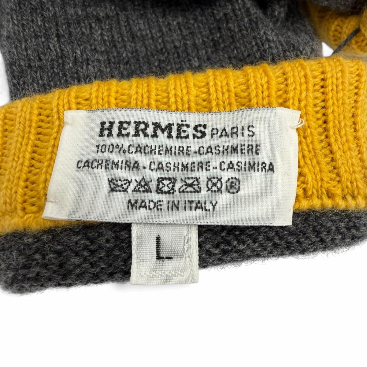 Hermes Hugo Cashmere 100% Sellier Buttons Bicolor Knit Gloves Gray Yellow — view 7