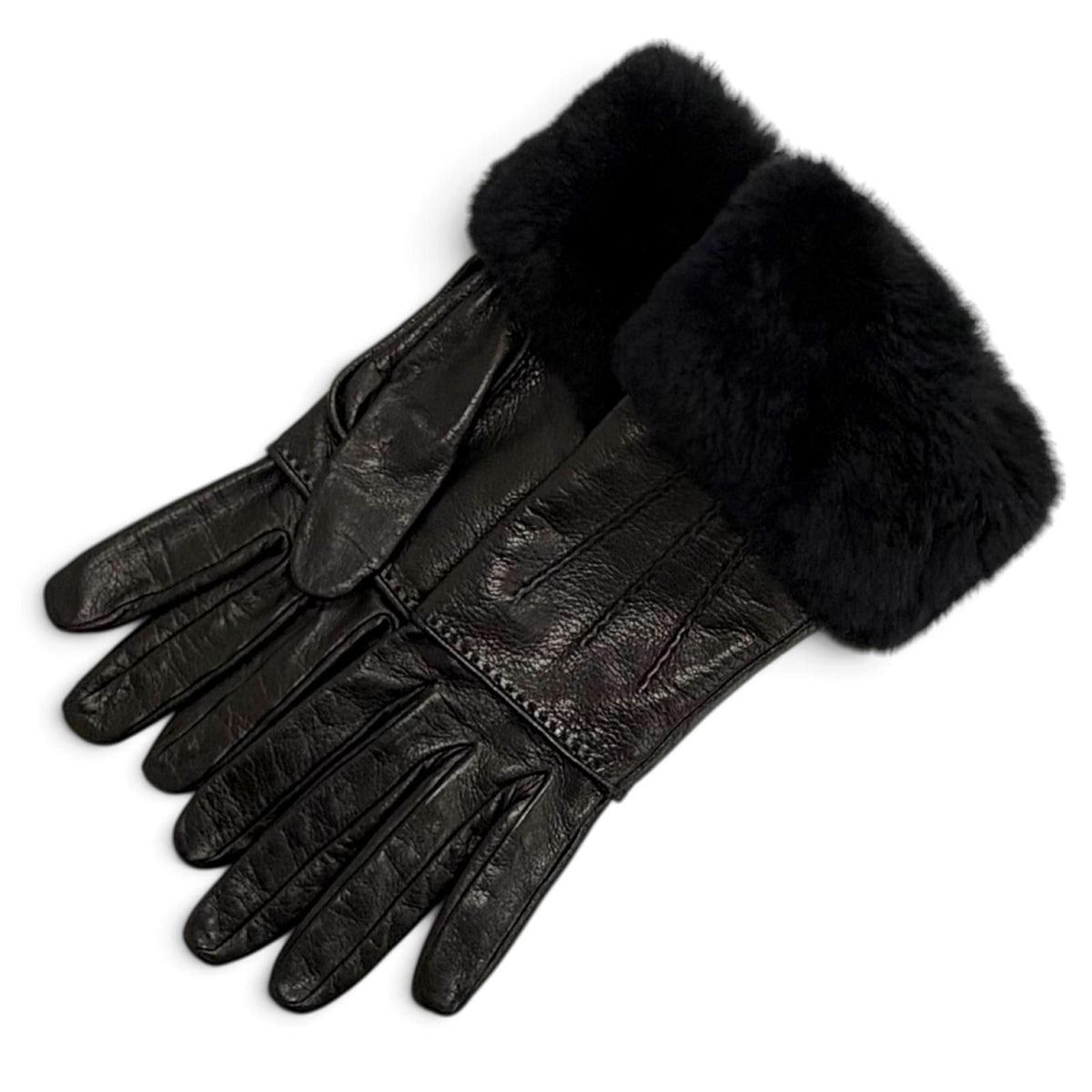 Hermes Fur Trim 2-Way Lambskin Gloves Black 6.5