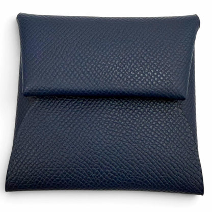 Hermes Bastia Veau Epsom Silver Coin Purse Blue Navy