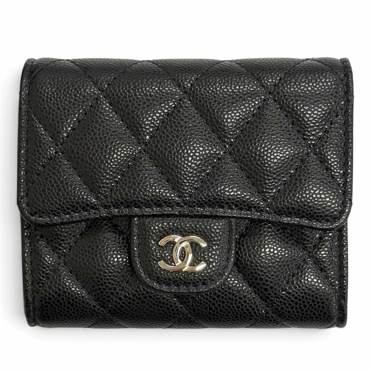 Chanel Caviar Leather CC Logo Quilted Timeless Classic Line Flap Compact Wallet