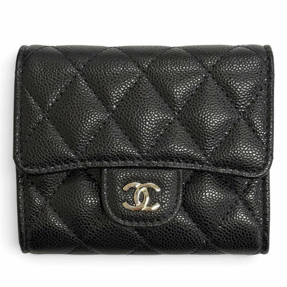 Chanel Caviar Leather CC Logo Quilted Timeless Classic Line Flap Compact Wallet