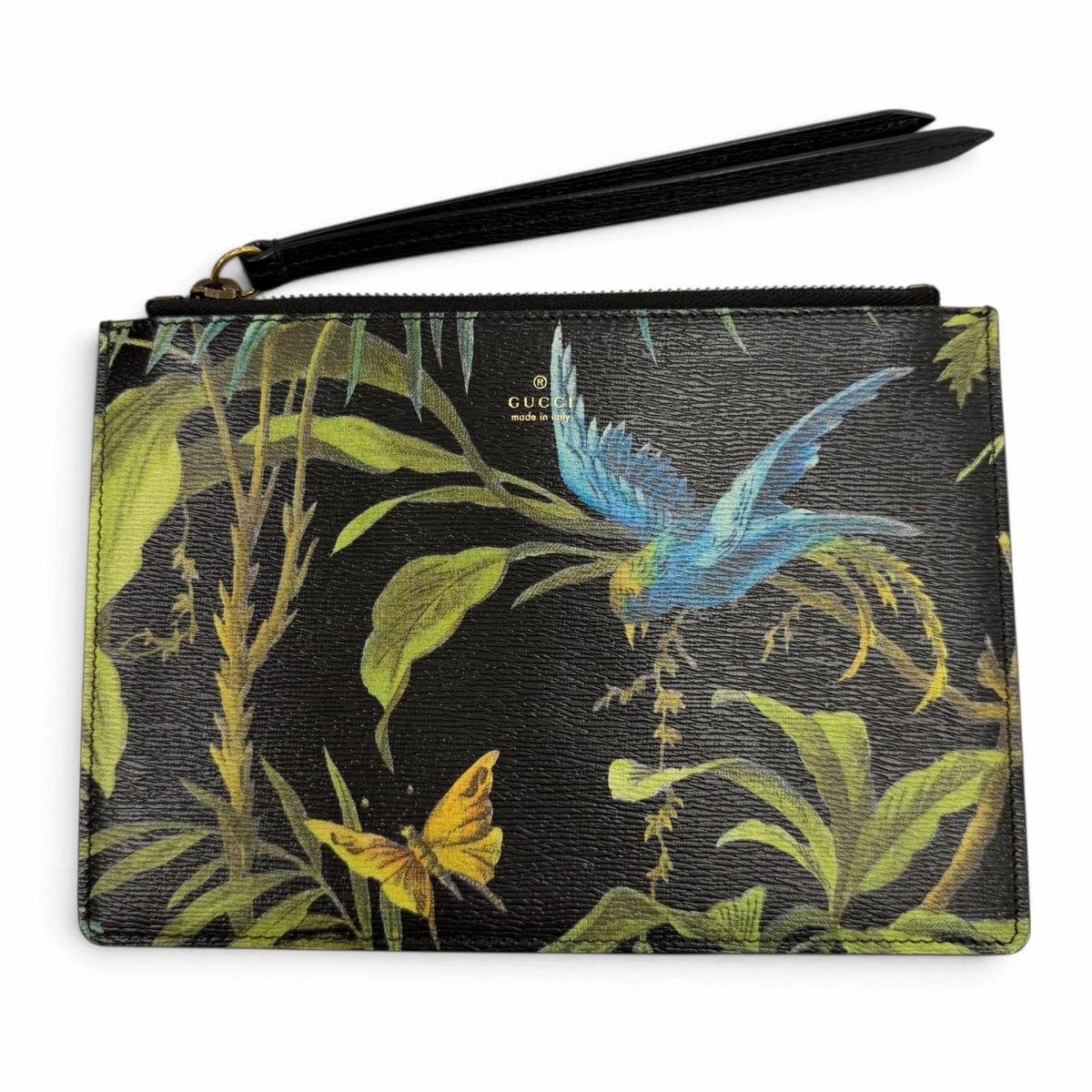 Gucci Leather Tropical Print Pouch Clutch Black