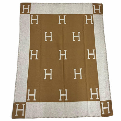 Hermes Plaid Avalon Wool Cashmere Ecru Camel Blanket