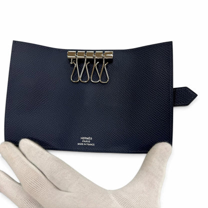 Hermes Bearn Veau Epsom Silver H Logo Key Case Blue Navy Key Holder — view 5