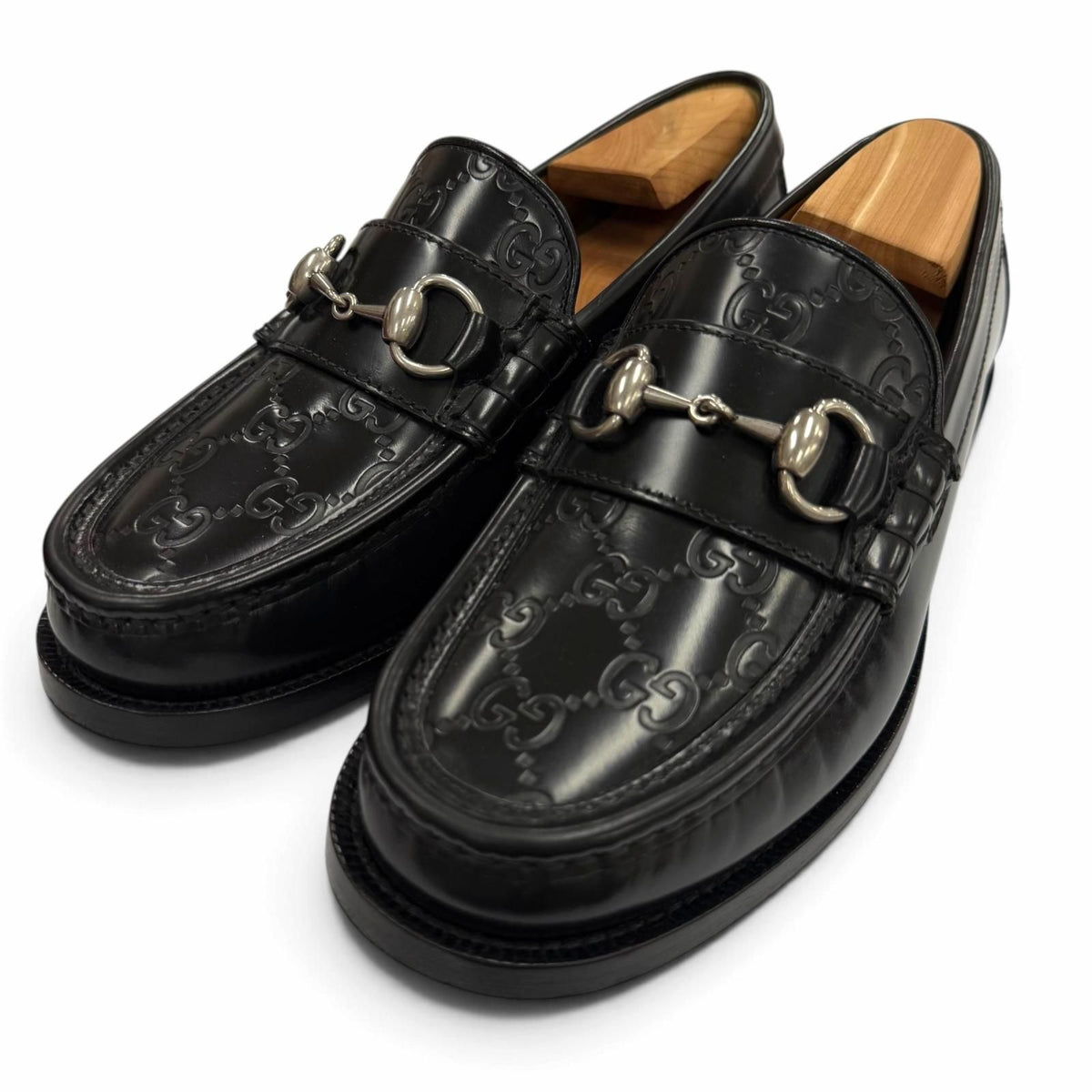 Gucci Horsebit GG Pattern Leather Shoes Loafers Black Silver 5