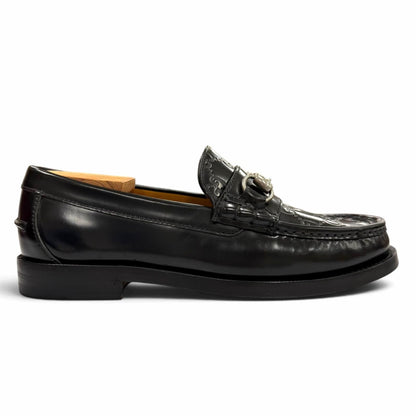 Gucci Horsebit GG Pattern Leather Shoes Loafers Black Silver 5 — view 7