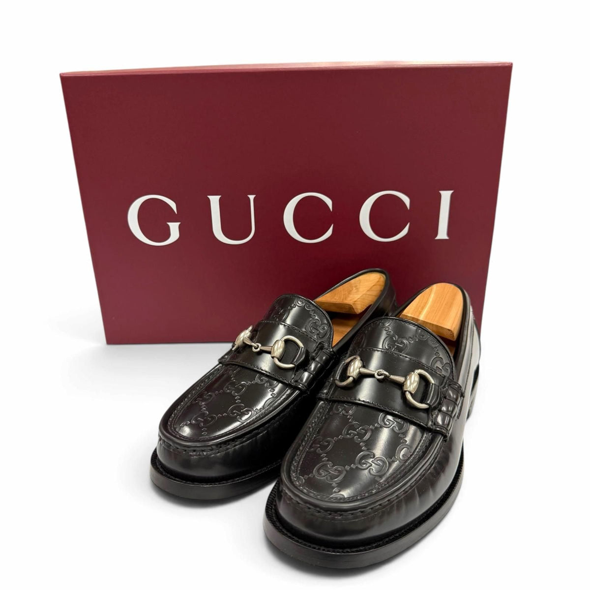 Gucci Horsebit GG Pattern Leather Shoes Loafers Black Silver 5 — view 2