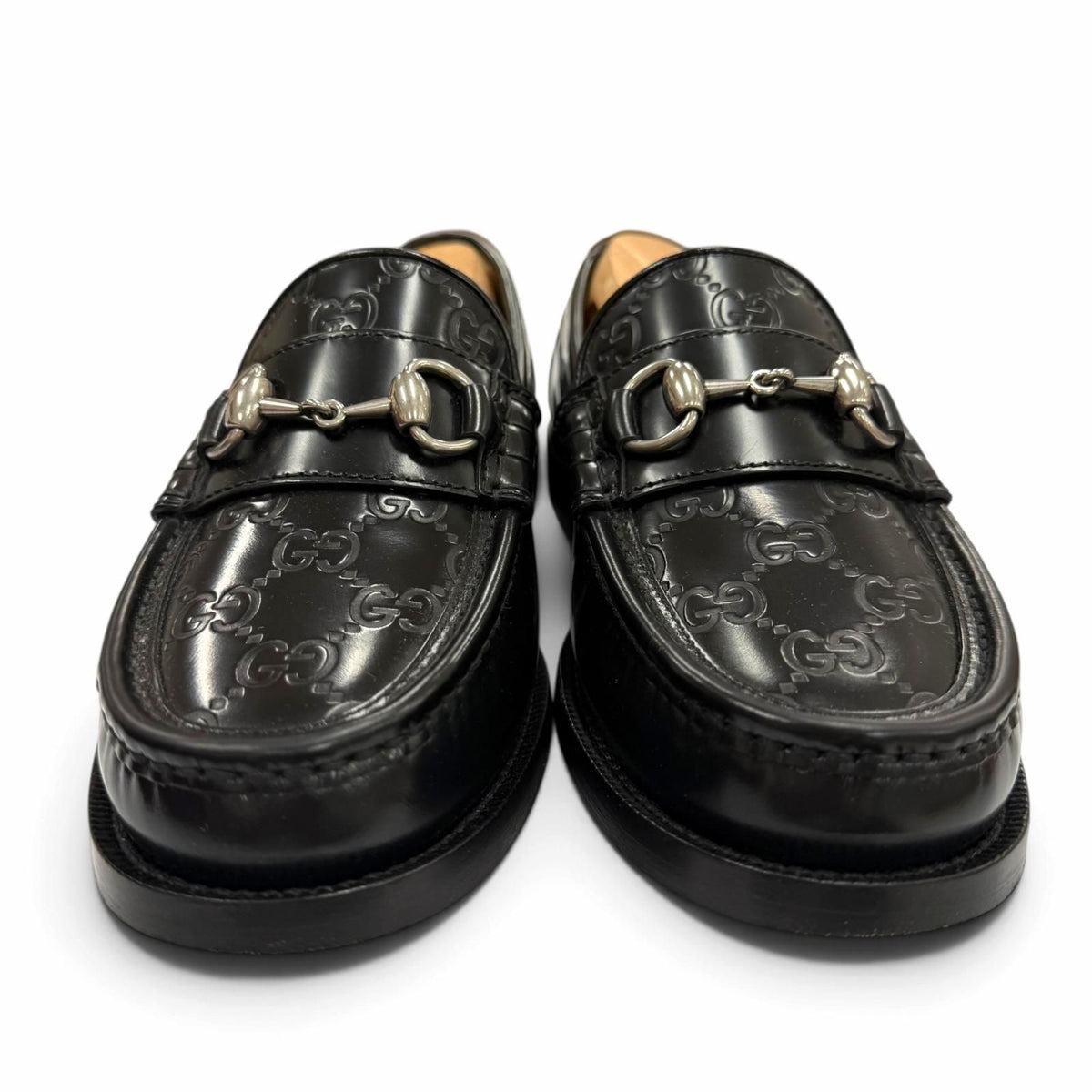 Gucci Horsebit GG Pattern Leather Shoes Loafers Black Silver 5 — view 3