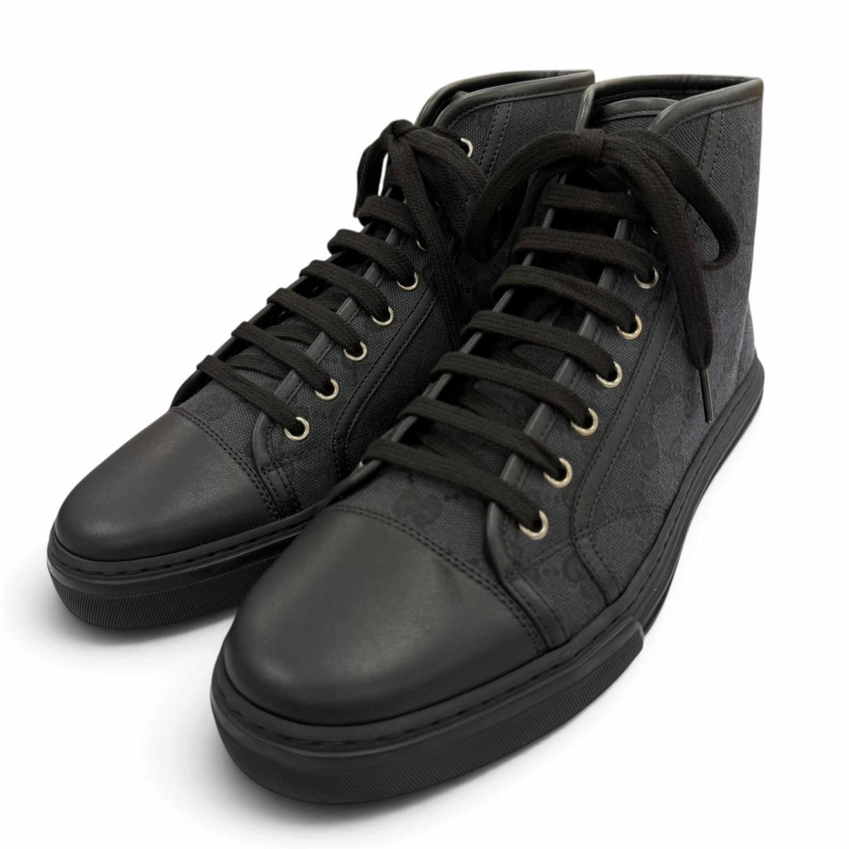 Gucci GG Canvas Leather Lace-up High Top Sneakers Black 7.5
