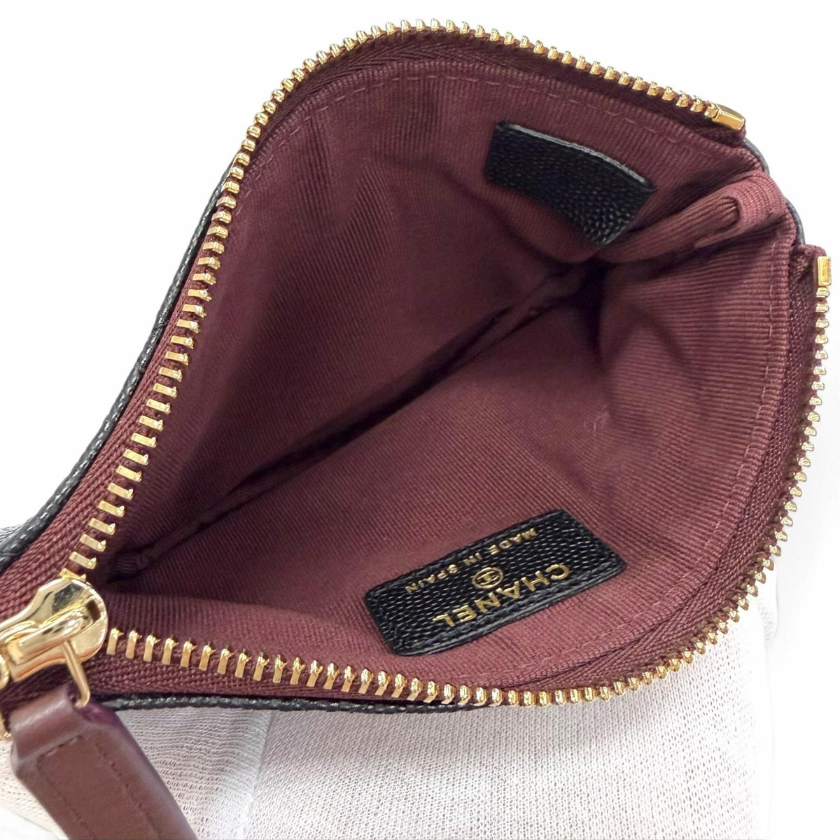 Chanel Caviar Leather CC Logo Quilted Classic Small Zip Pouch Mini Black Gold — view 5