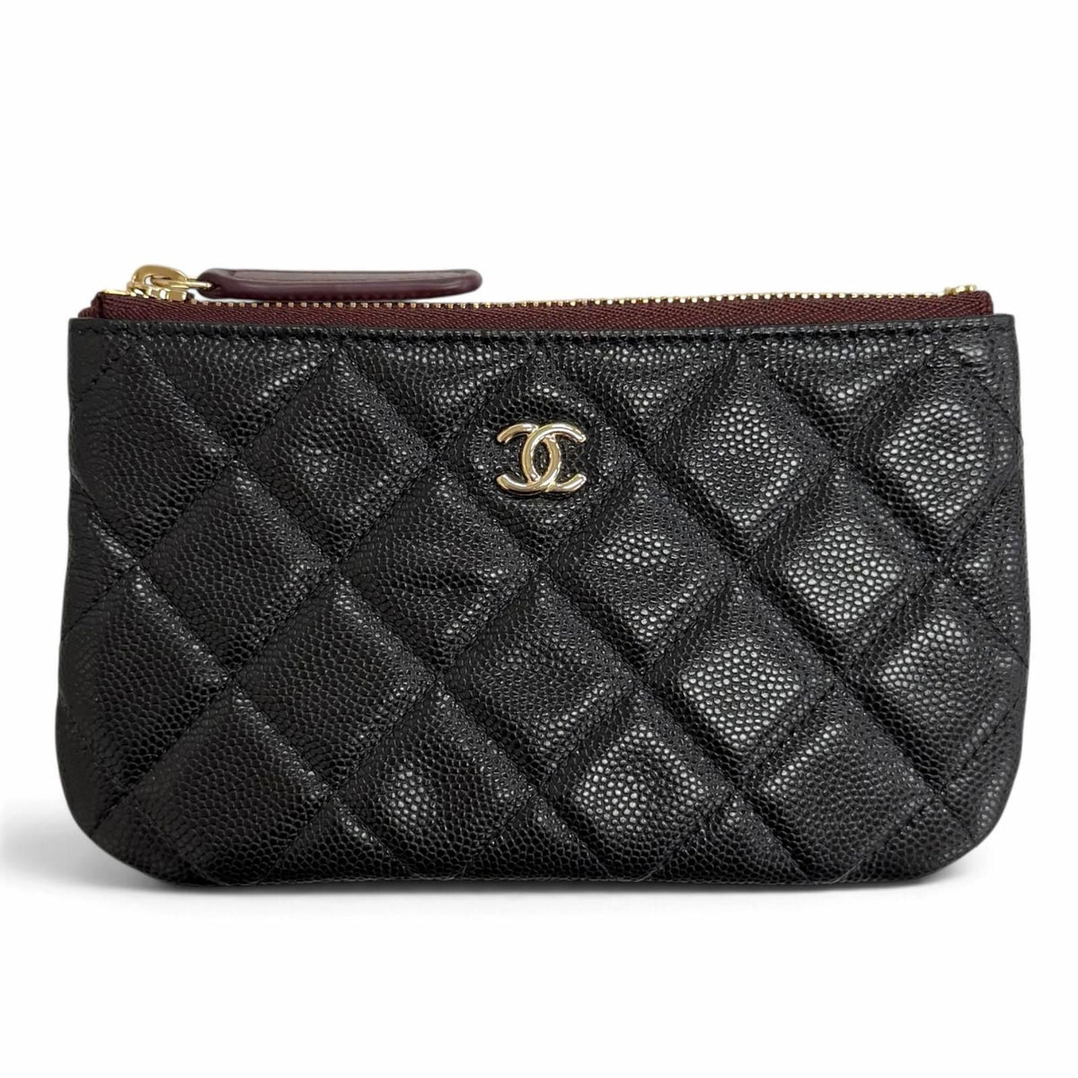 Chanel Caviar Leather CC Logo Quilted Classic Small Zip Pouch Mini Black Gold
