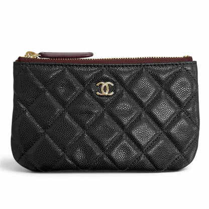 Chanel Caviar Leather CC Logo Quilted Classic Small Zip Pouch Mini Black Gold