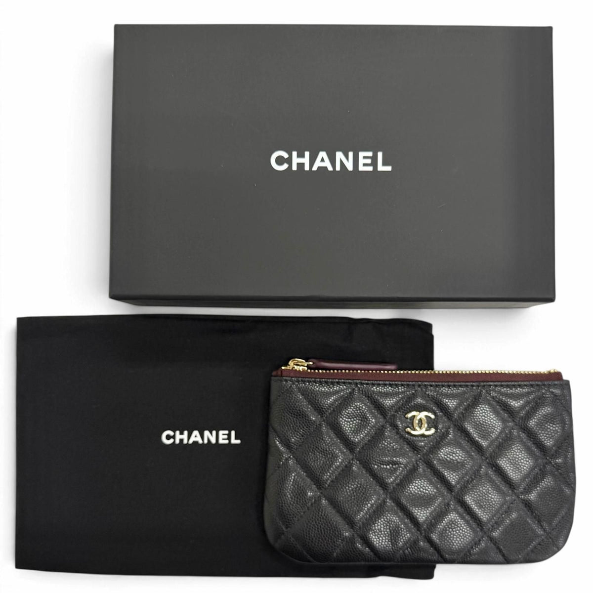Chanel Caviar Leather CC Logo Quilted Classic Small Zip Pouch Mini Black Gold — view 2