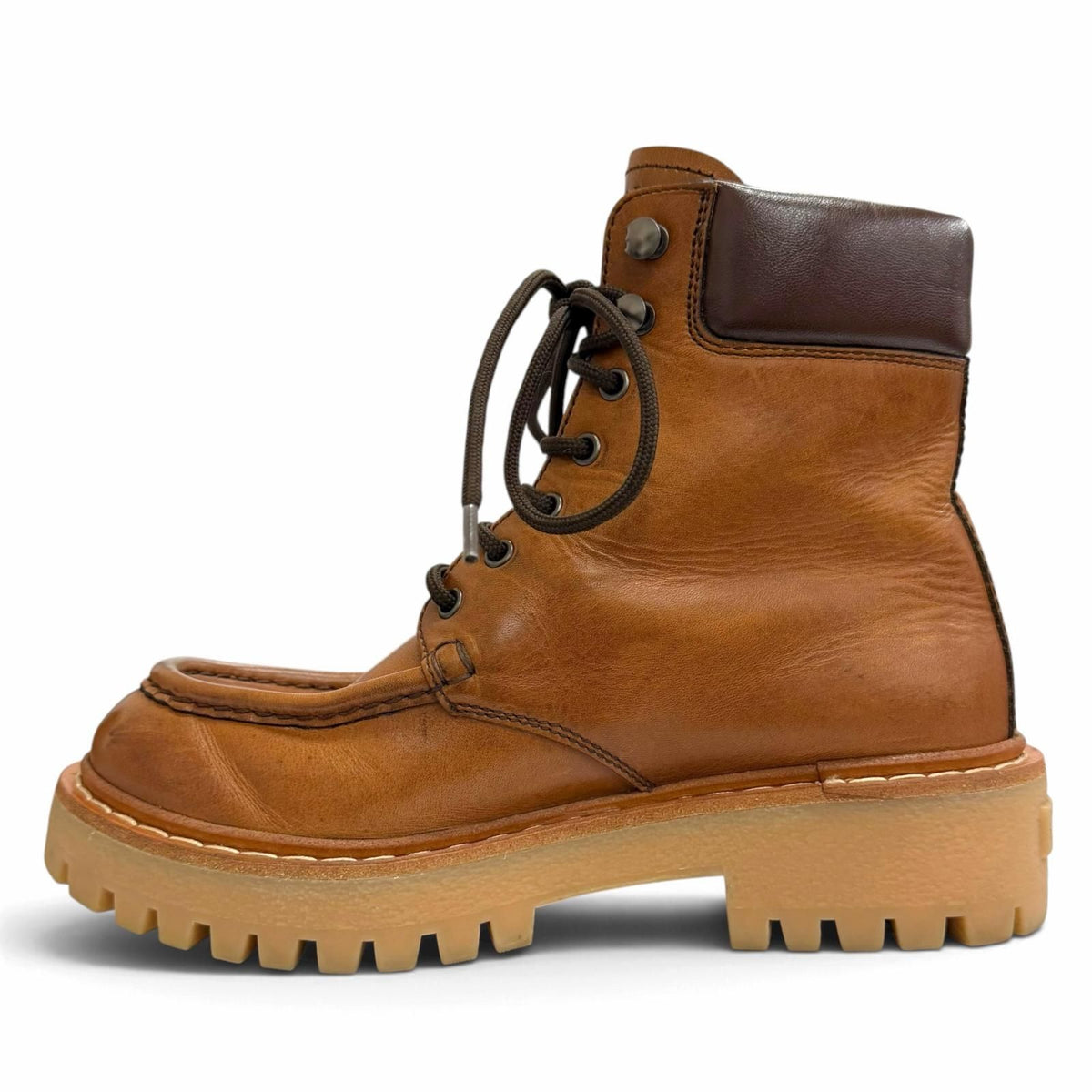 Prada Logo Embossed Lace-up Leather Ankle Boots Short Brown IT — view 6