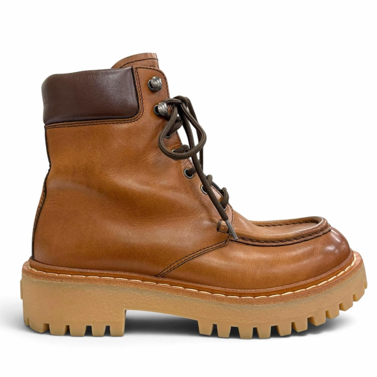 Prada Logo Embossed Lace-up Leather Ankle Boots Short Brown IT — view 7