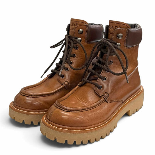 Prada Logo Embossed Lace-up Leather Ankle Boots Short Brown IT