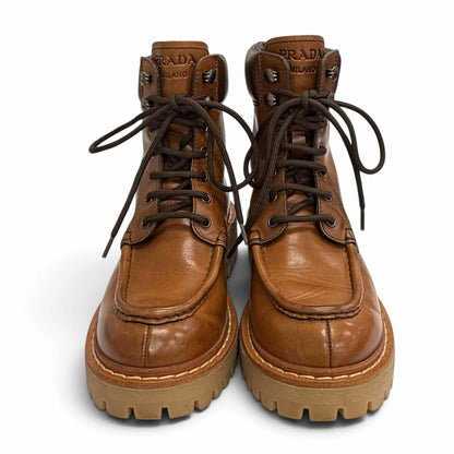 Prada Logo Embossed Lace-up Leather Ankle Boots Short Brown IT — view 3