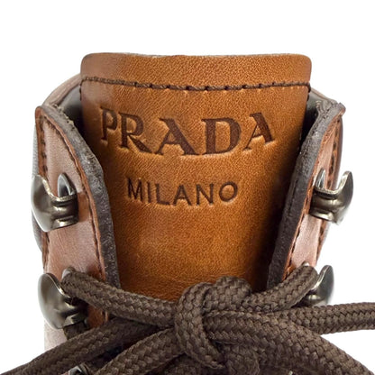 Prada Logo Embossed Lace-up Leather Ankle Boots Short Brown IT — view 8